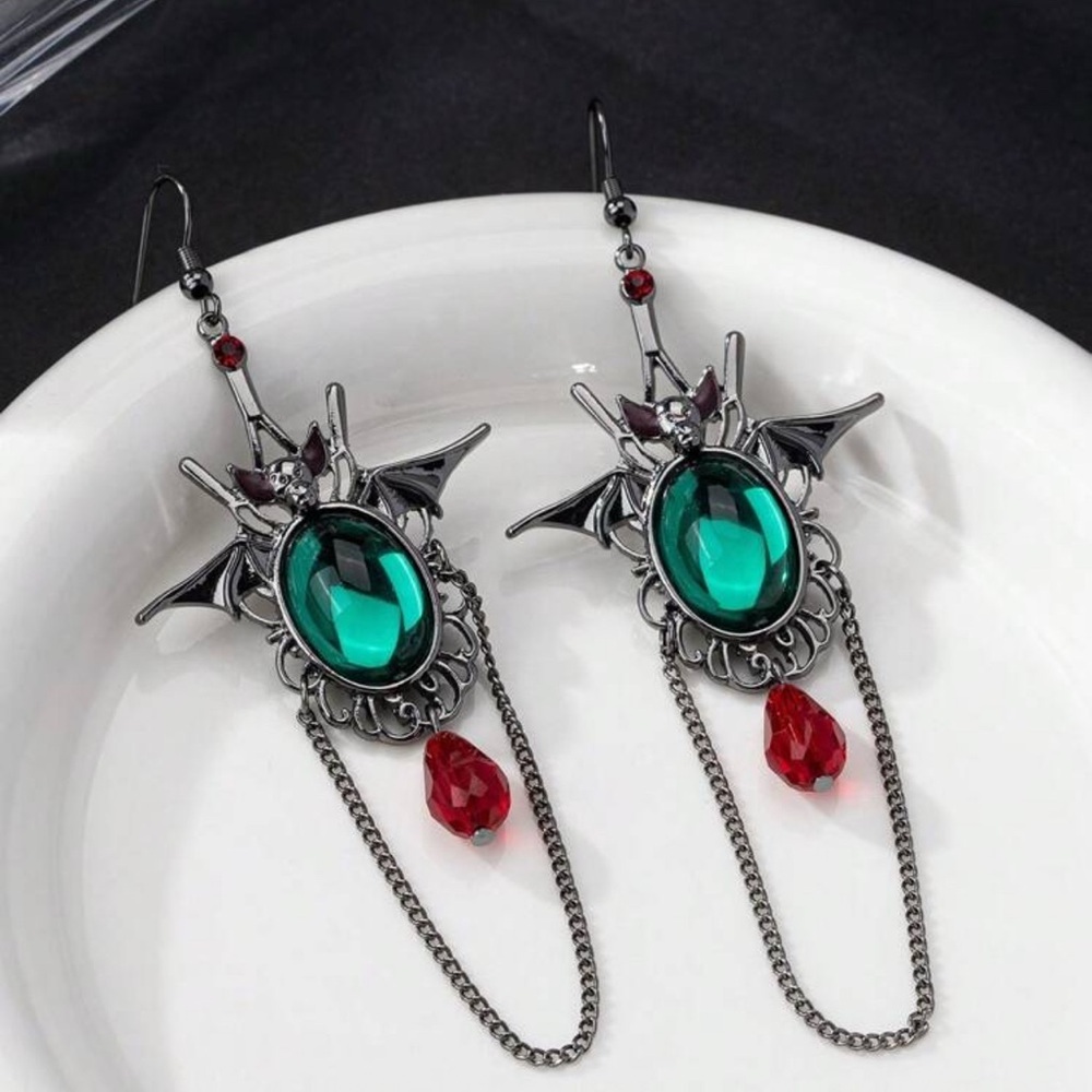 2/$30🌵 Black Bat Green Stone Earrings Dangle Chain Red Bead Gothic Jewelry NEW - Picture 4 of 11